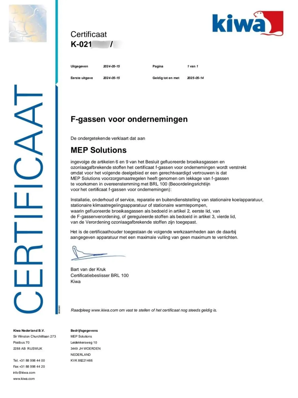 KIWA-certificaat F-gassen voor ondernemingen van MEP Klimaat