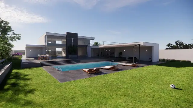 3D-visualisatie van een villa met zwembad