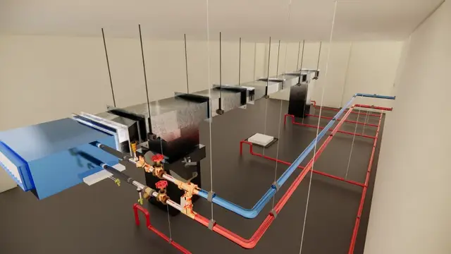 Binnenunits en leidingwerk opgehangen in een lege bedrijfsruimte