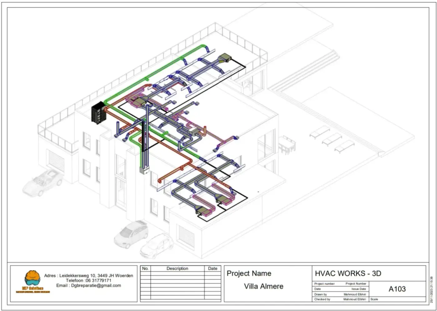 3D-tekening van de HVAC-installatie van een villa