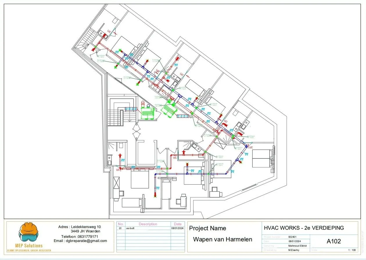 Installatietekening van de HVAC-werkzaamheden op de tweede verdieping van het hotel