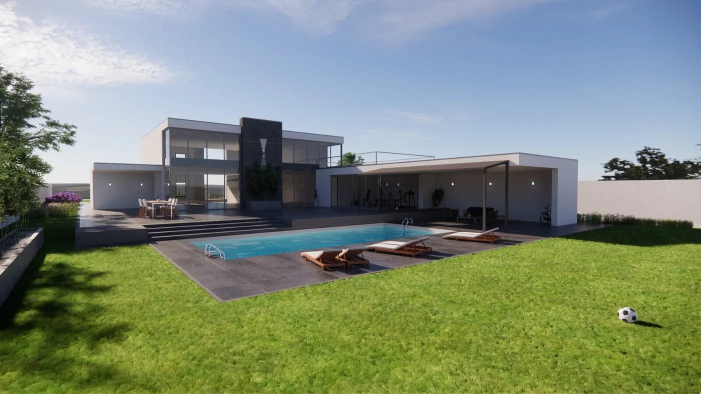 Visualisatie van Villa Almere met tuin en zwembad